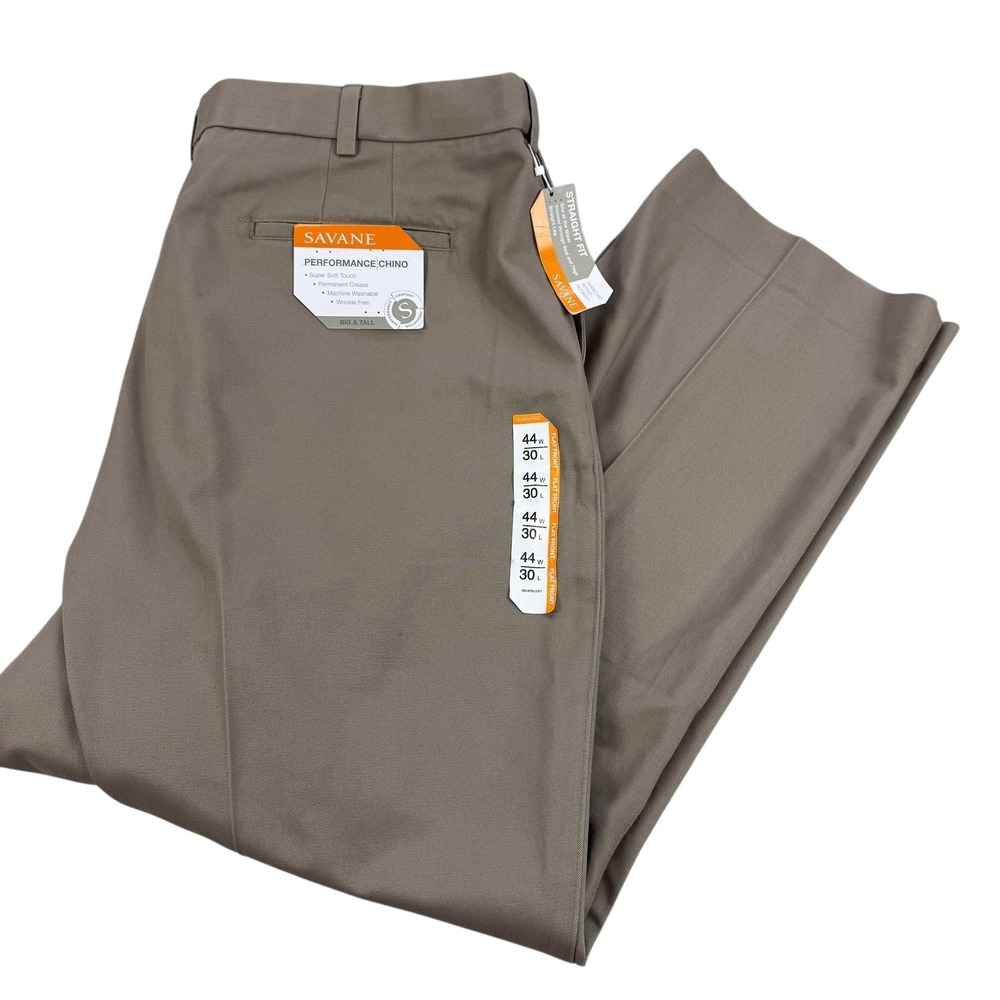 Savane Performance Chino Pants Mens 44x30 Beige Big & Tall Wrinkle Free NEW